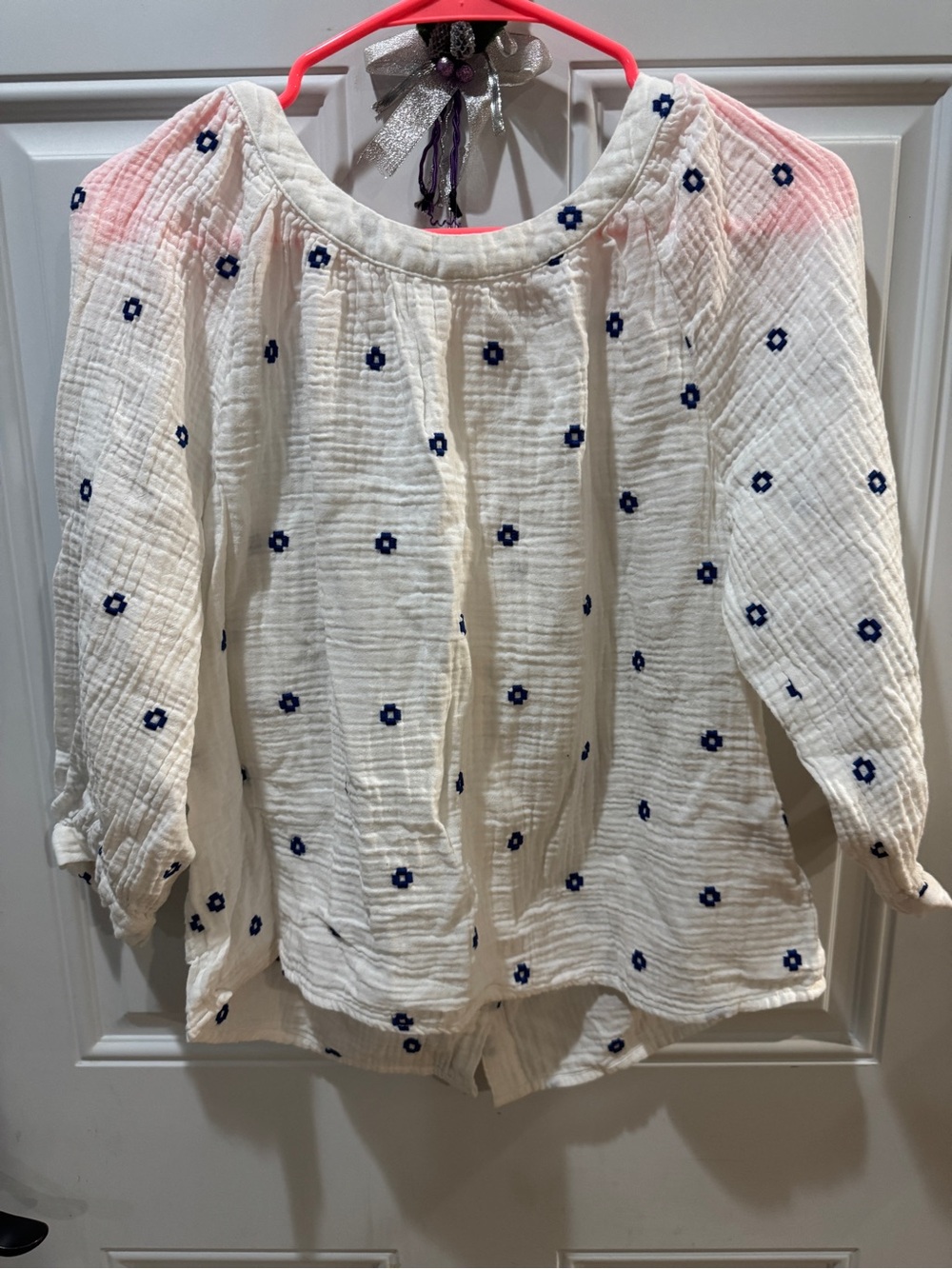 Madewell White Gauze Blouse with Navy Floral Dots and Pink Shoulder Wash